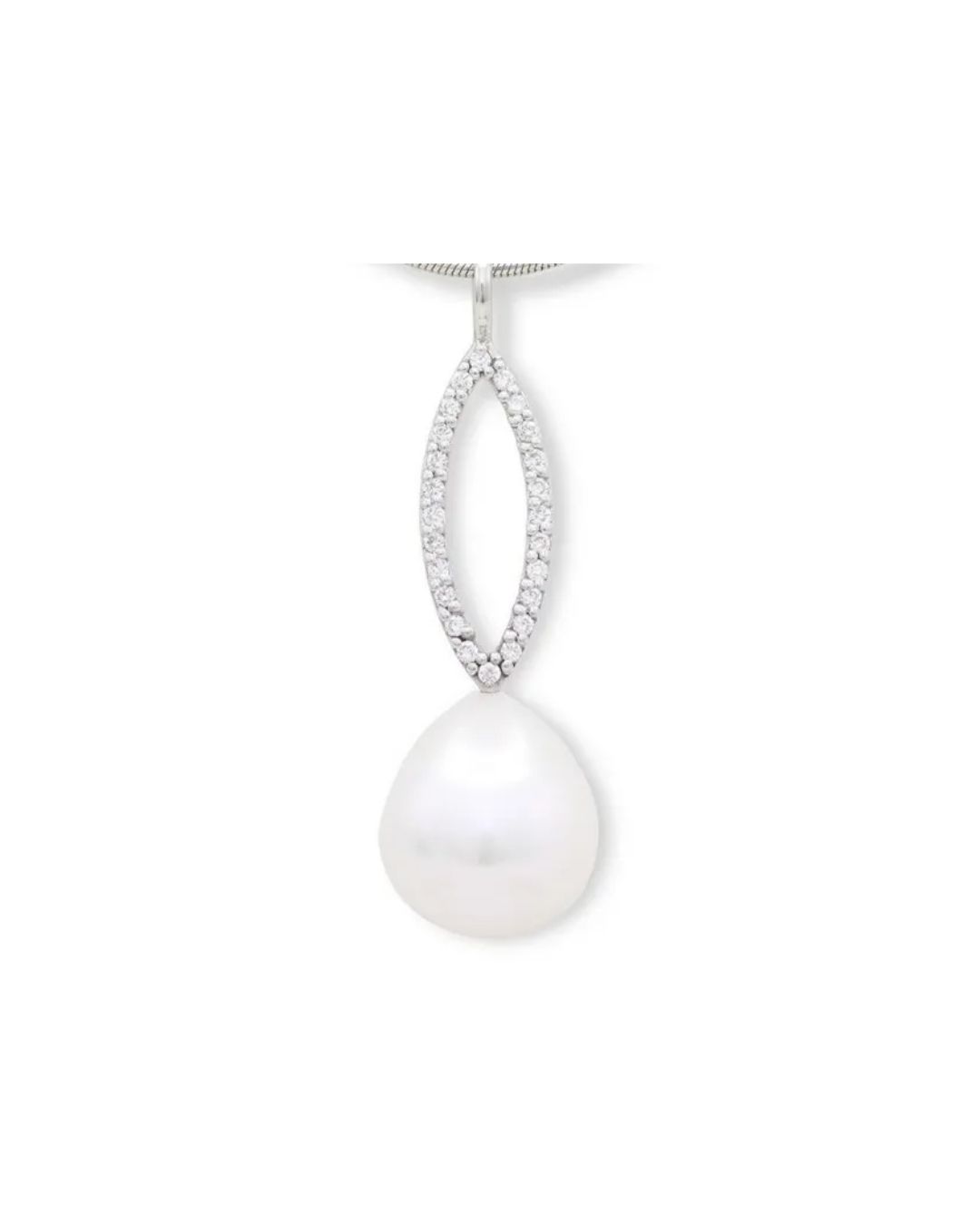 A silver necklace featuring a pear-shaped pearl pendant hanging from a diamond-encrusted marquise-shaped bail.