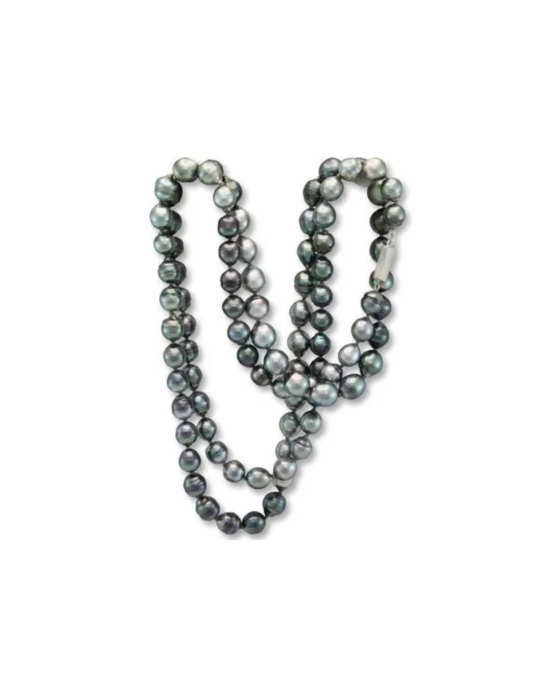 A long strand of round, dark gray pearls with a silver clasp on a white background.