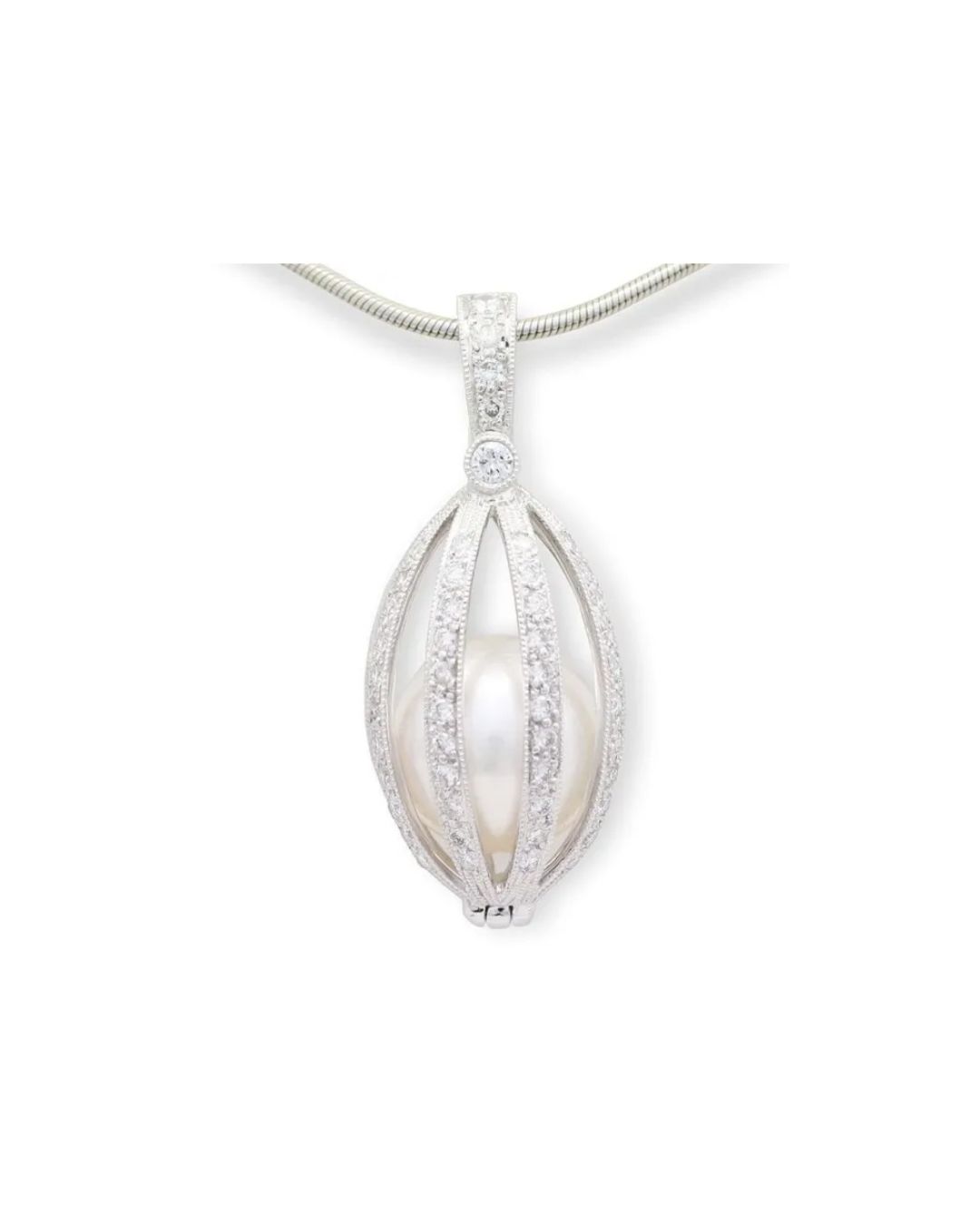 A diamond-encrusted silver cage pendant holding a white pearl, suspended on a thin silver chain.