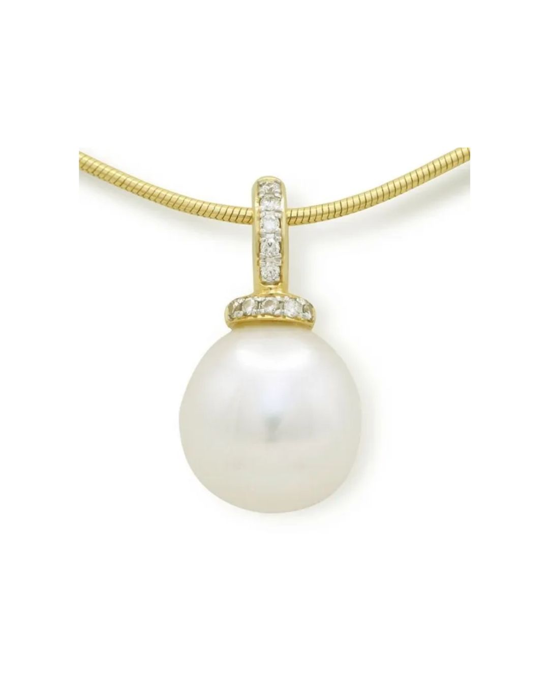 A white pearl pendant on a gold chain, featuring a diamond-encrusted gold bail and collar.
