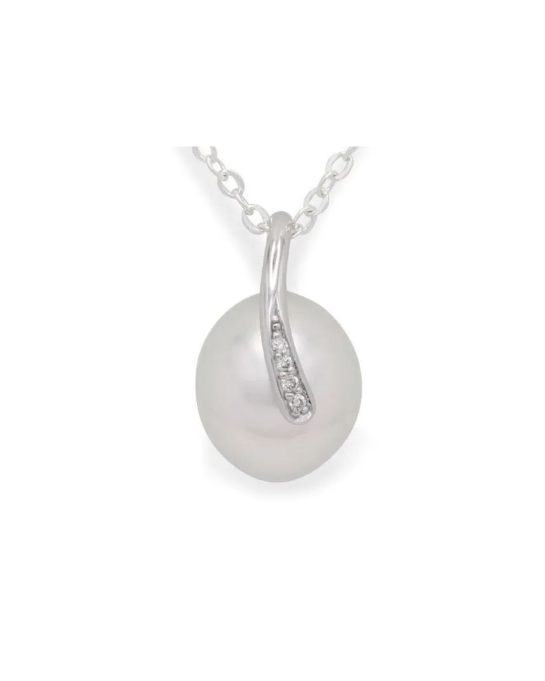 A silver necklace pendant featuring a single white pearl accented by a vertical sliver of small embedded diamonds.