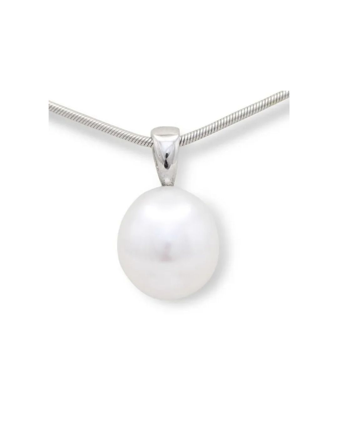 A white pearl pendant hanging from a silver chain against a plain background.