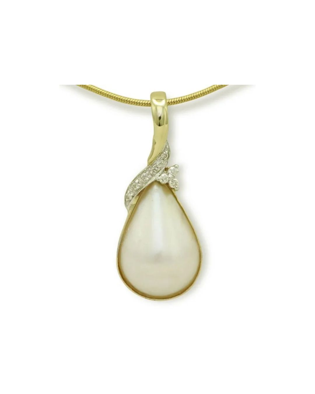 A teardrop-shaped white pearl pendant accented with small diamonds on a gold bale, hanging from a gold chain.