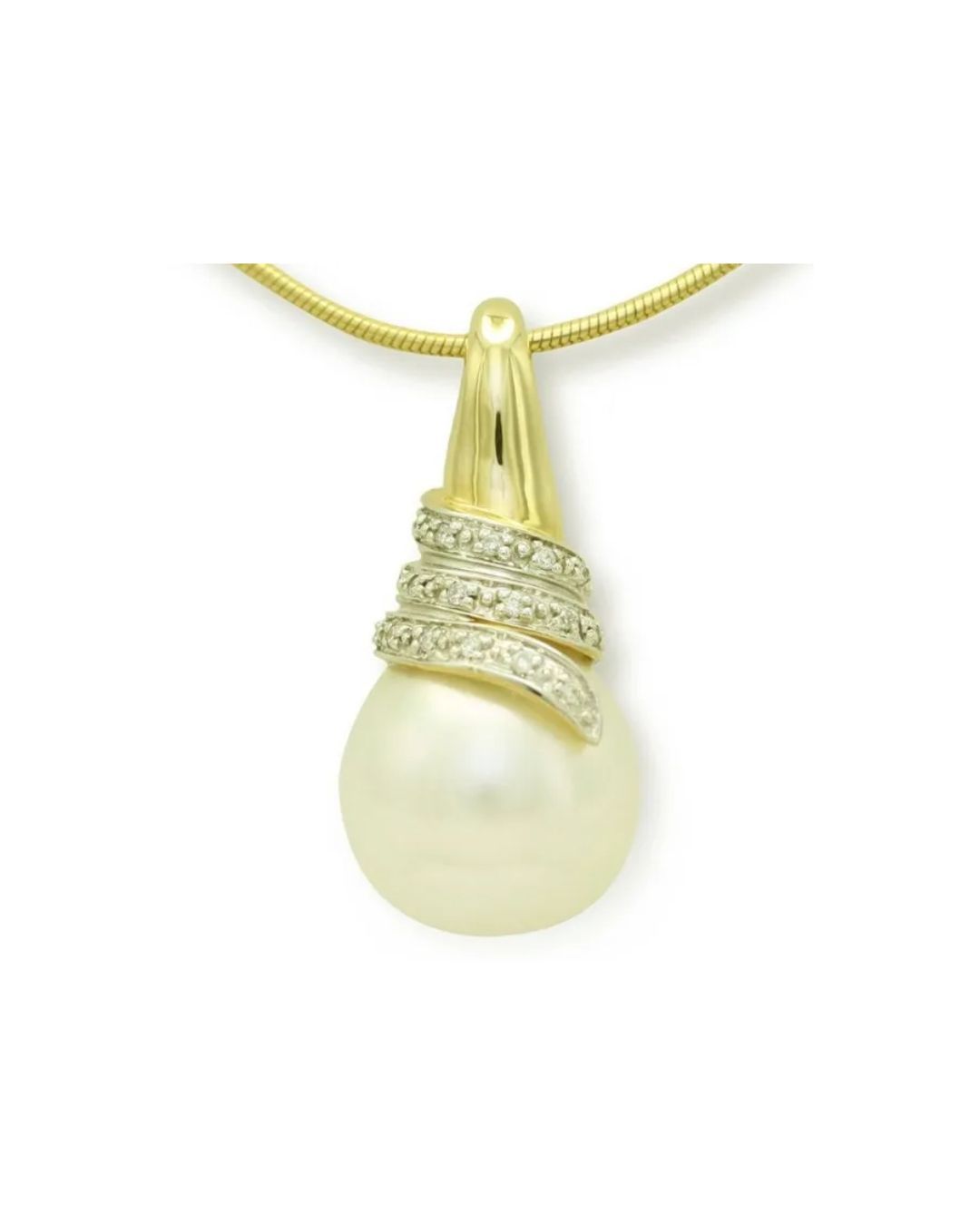 A gold pendant featuring a white pearl topped with a spiraling, diamond-encrusted accent, hanging on a thin gold chain.