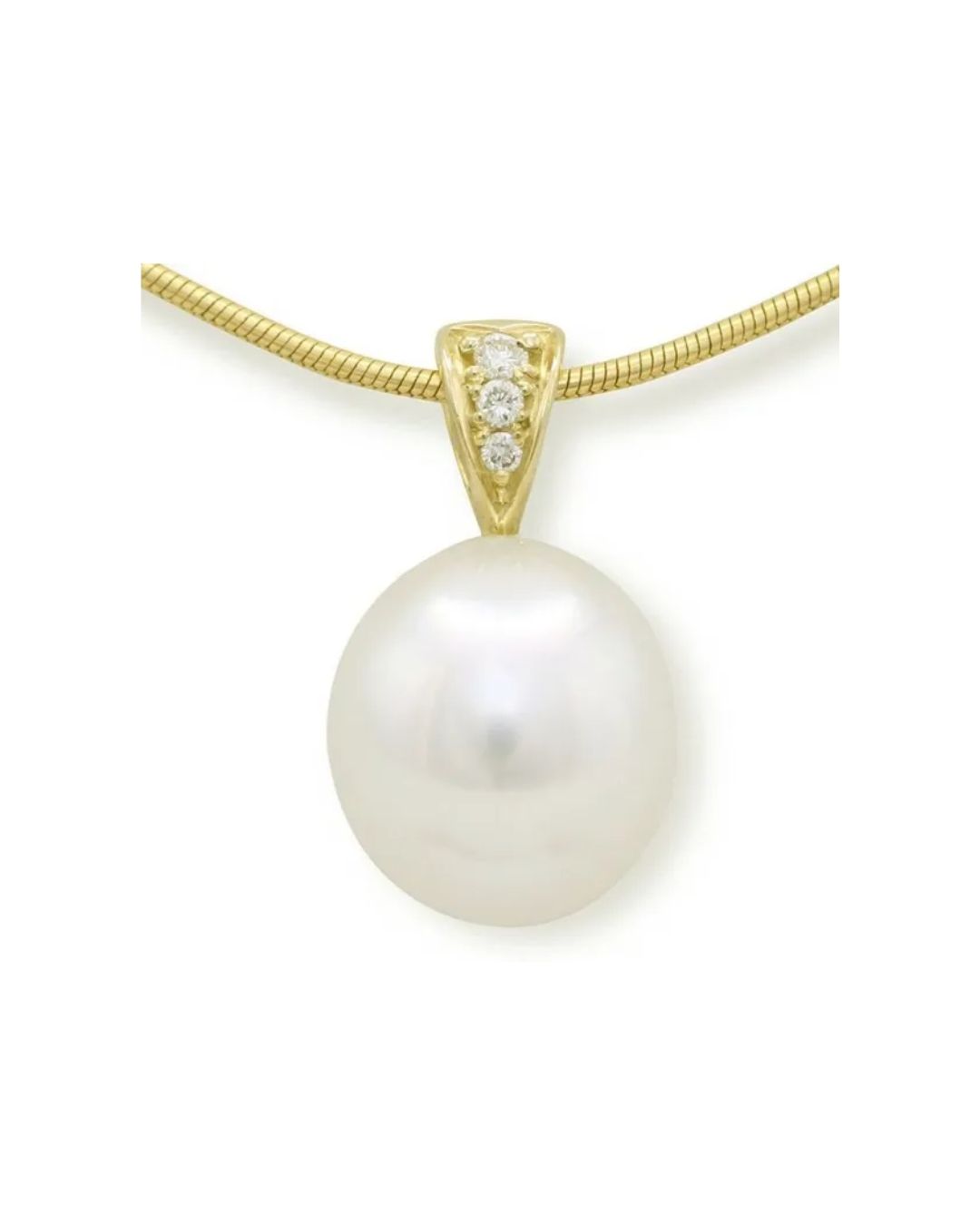 A gold pendant with three small diamonds set in the bail, featuring a large, round white pearl on a gold chain.