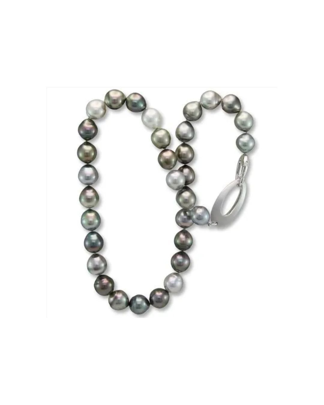 A strand of grey and white pearls with a silver oval toggle clasp, arranged in a heart-like shape against a white background.