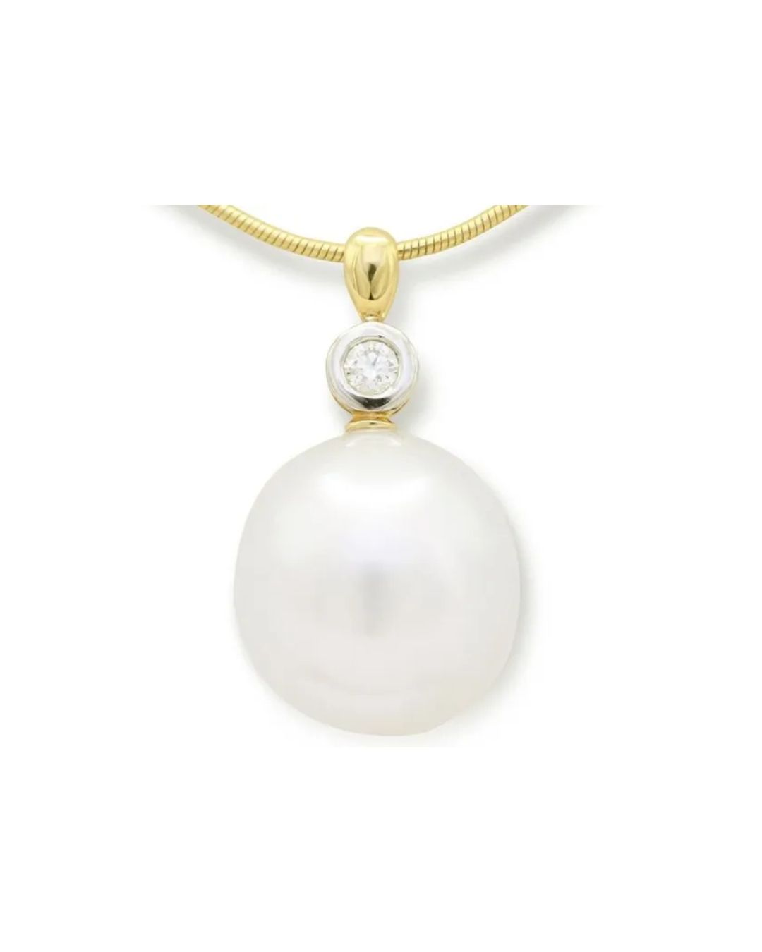 A large white pearl pendant on a gold chain, featuring a small diamond accent set in gold above the pearl.