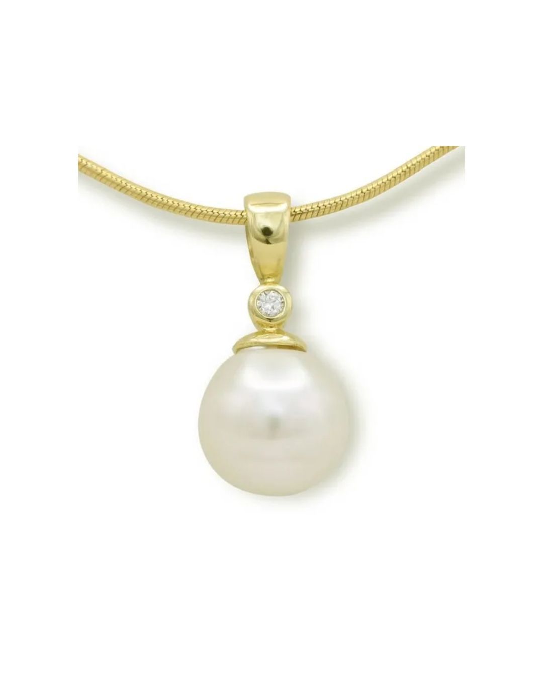 A gold pendant necklace featuring a round white pearl topped with a small, bezel-set diamond.