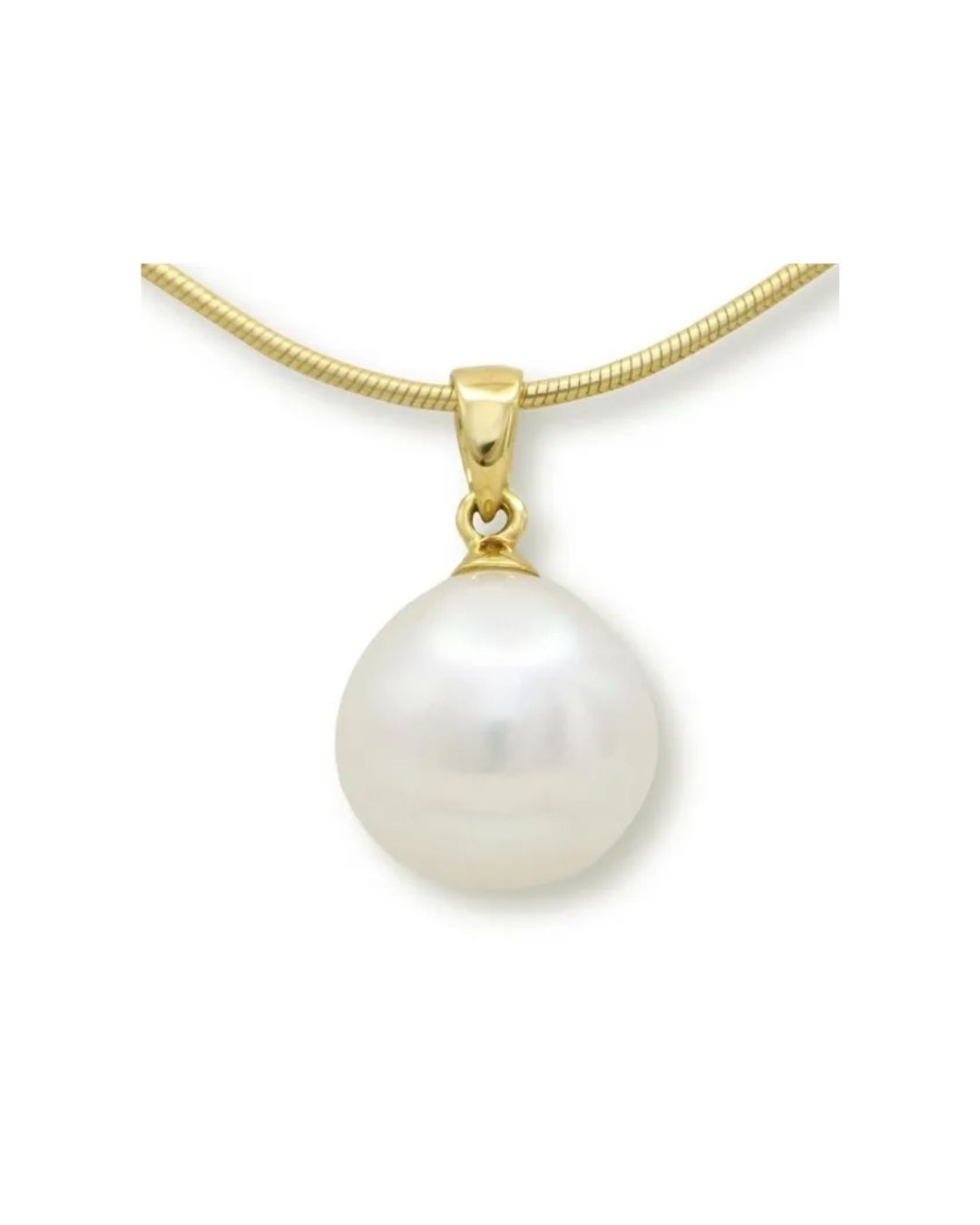 A white pearl pendant on a gold chain.