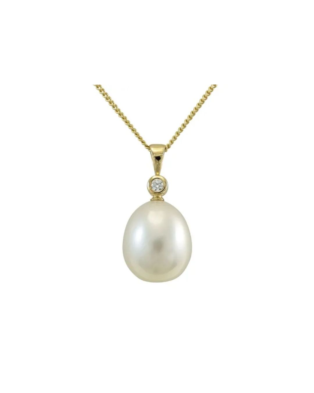 A white pearl pendant topped with a small round diamond, suspended on a thin gold chain against a white background.