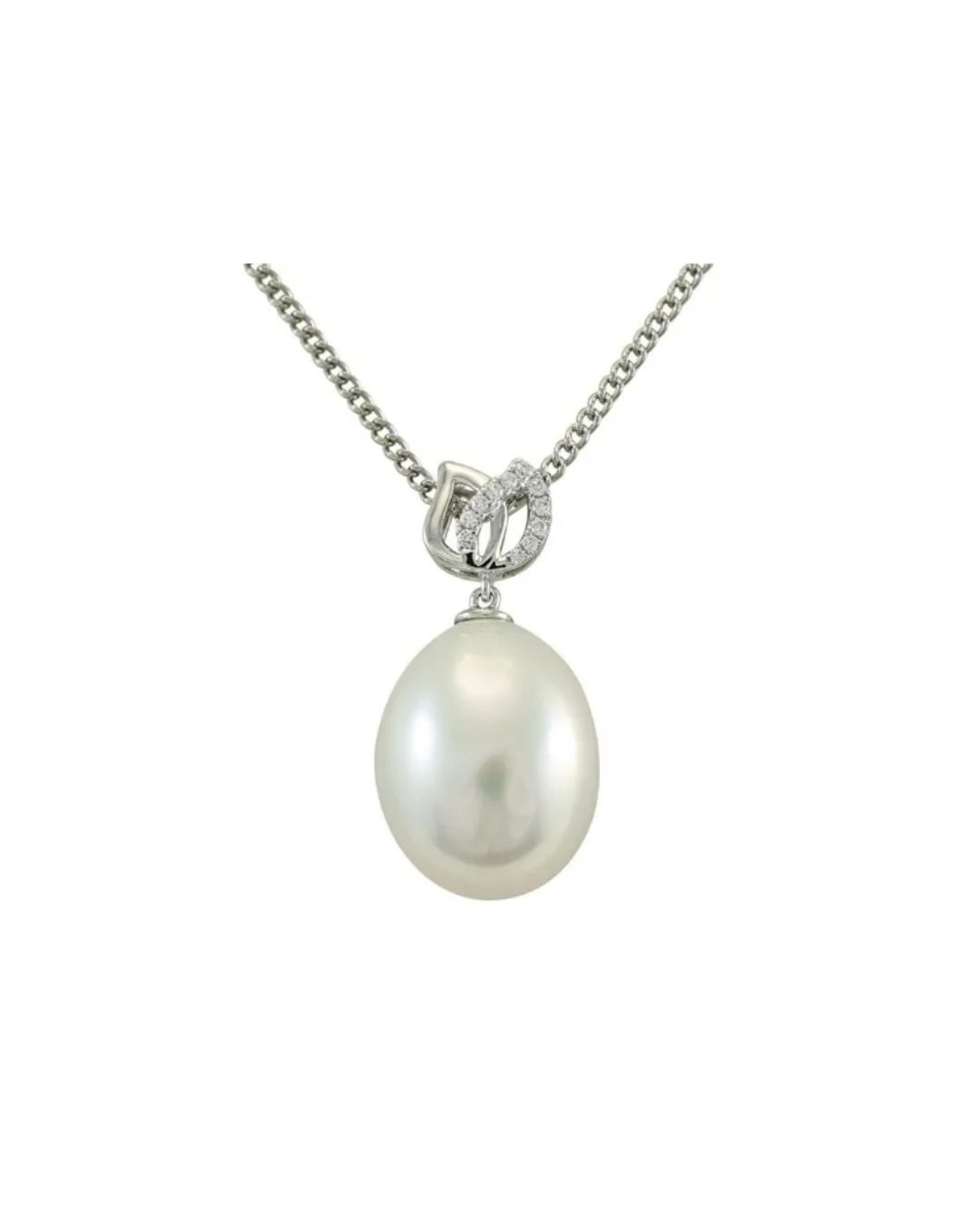 A silver pendant necklace featuring an oval white pearl suspended from a small, diamond-encrusted decorative bail.