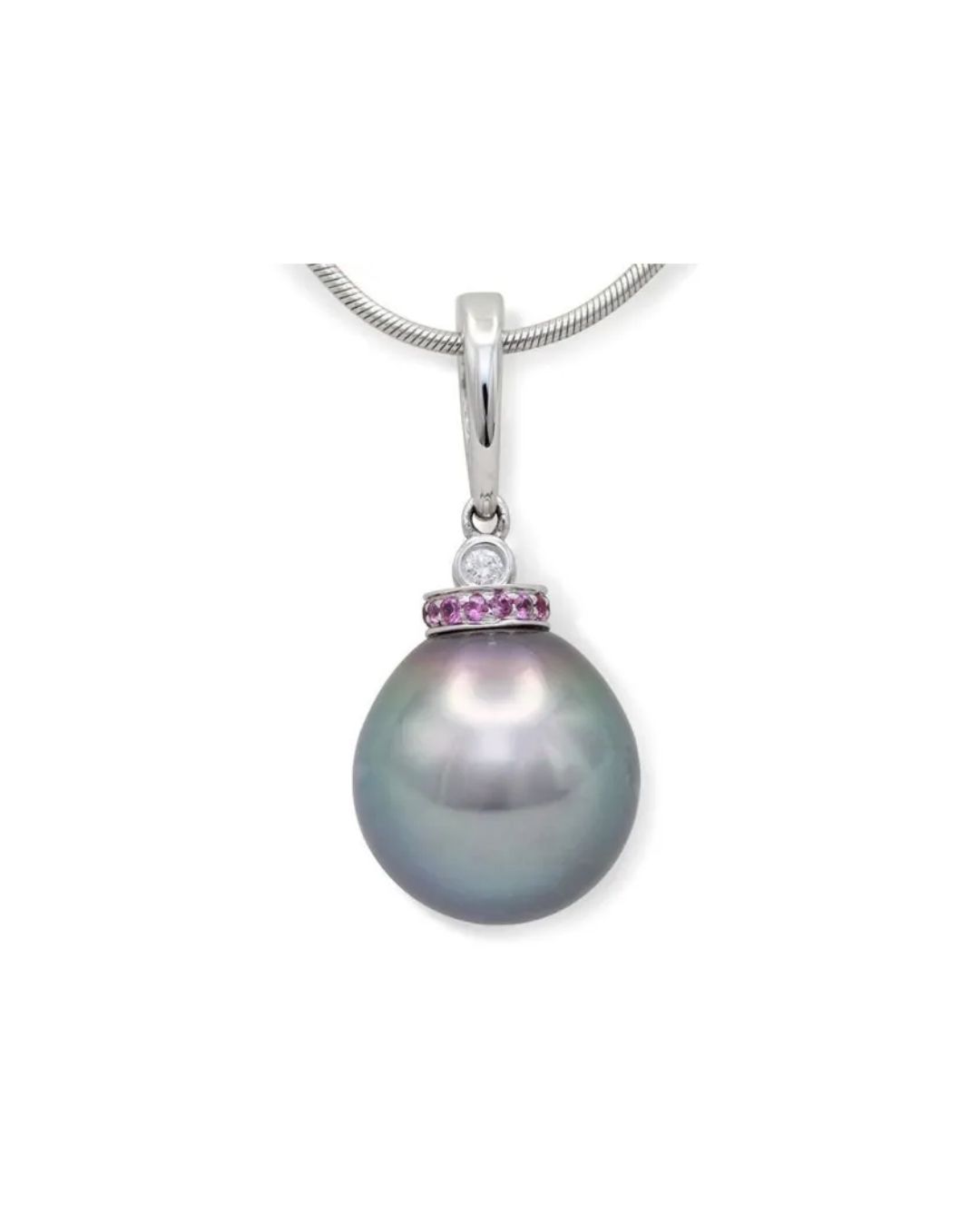 A dark grey pearl pendant on a silver chain, accented with a small diamond and a ring of tiny pink gemstones.