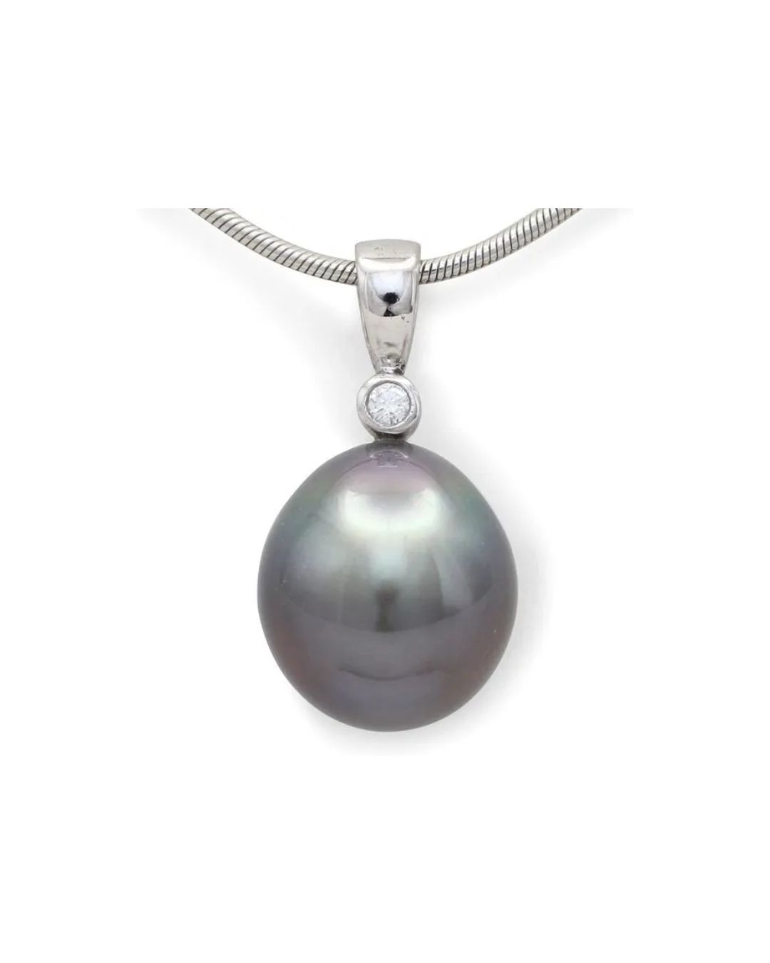 A dark grey, spherical pearl pendant set with a single diamond on a silver chain.