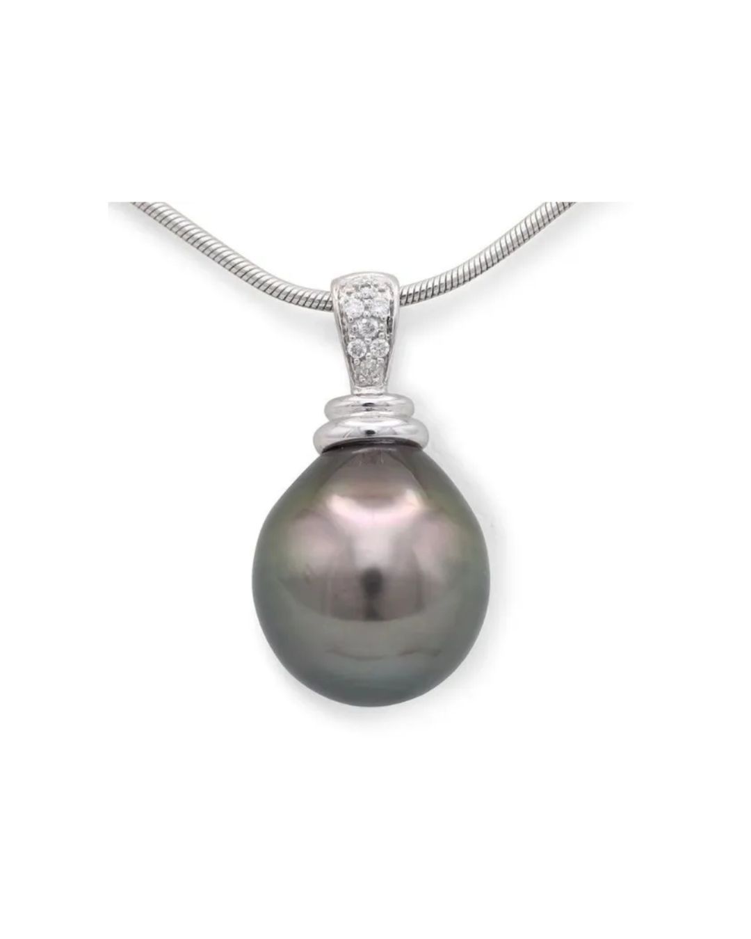 A dark, teardrop-shaped Tahitian pearl pendant on a silver chain, featuring a small diamond-accented bail.