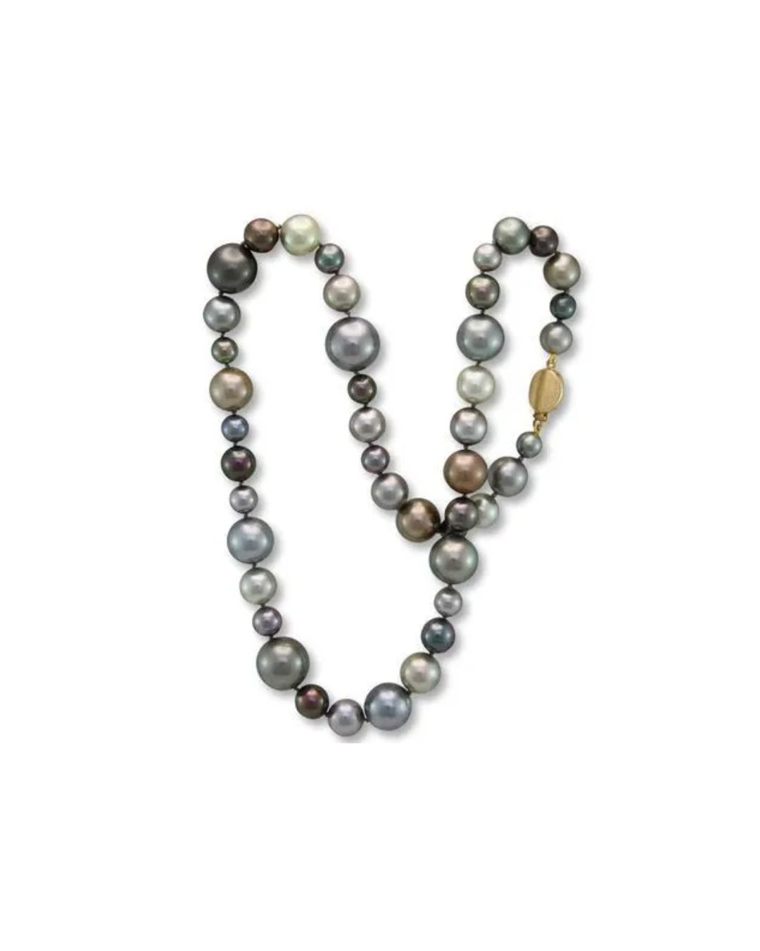 A multi-colored pearl necklace in shades of gray, blue, and brown with a gold clasp on a white background.