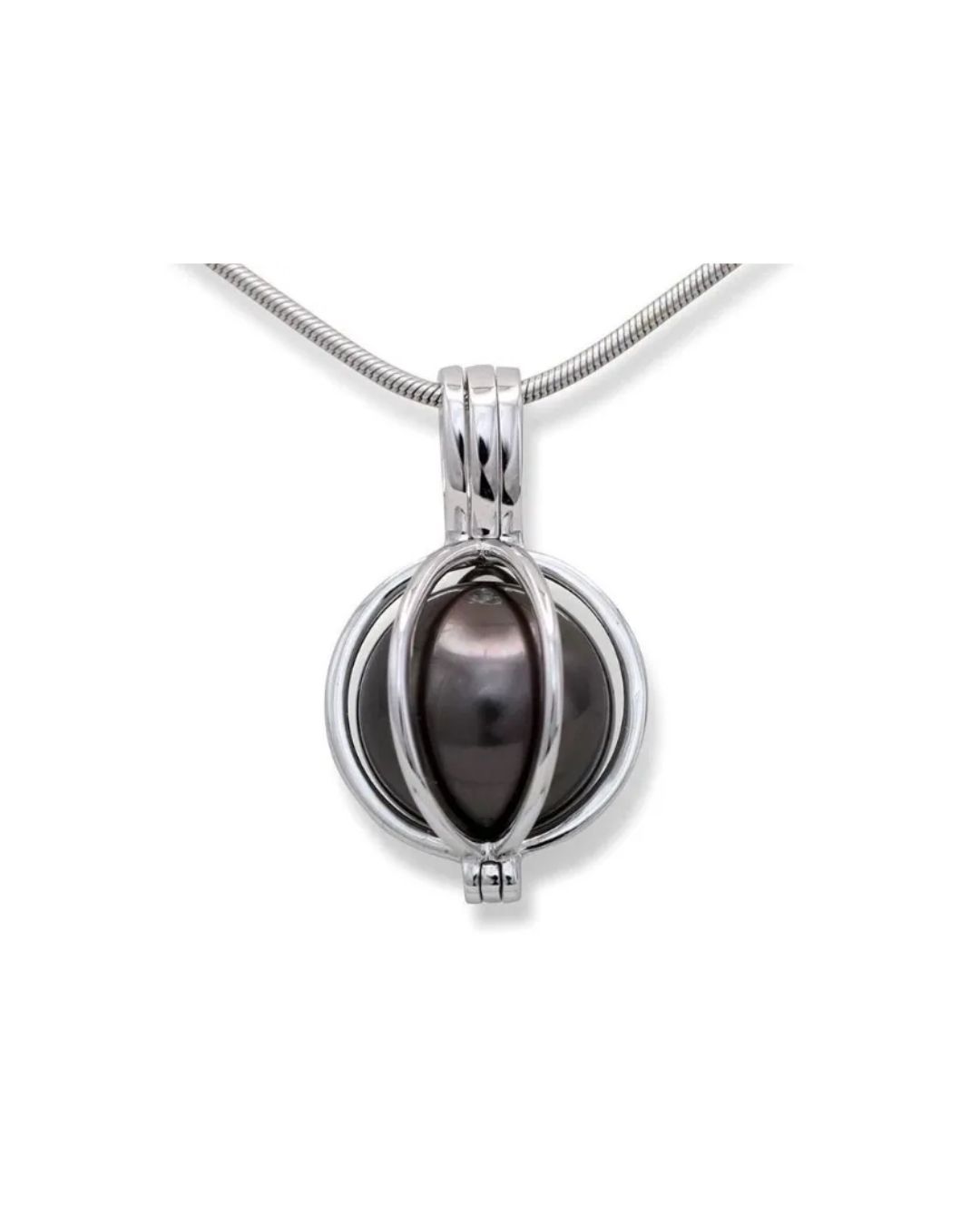 A silver pendant necklace featuring a cage-style setting holding a smooth, dark grey, oval-shaped pearl.