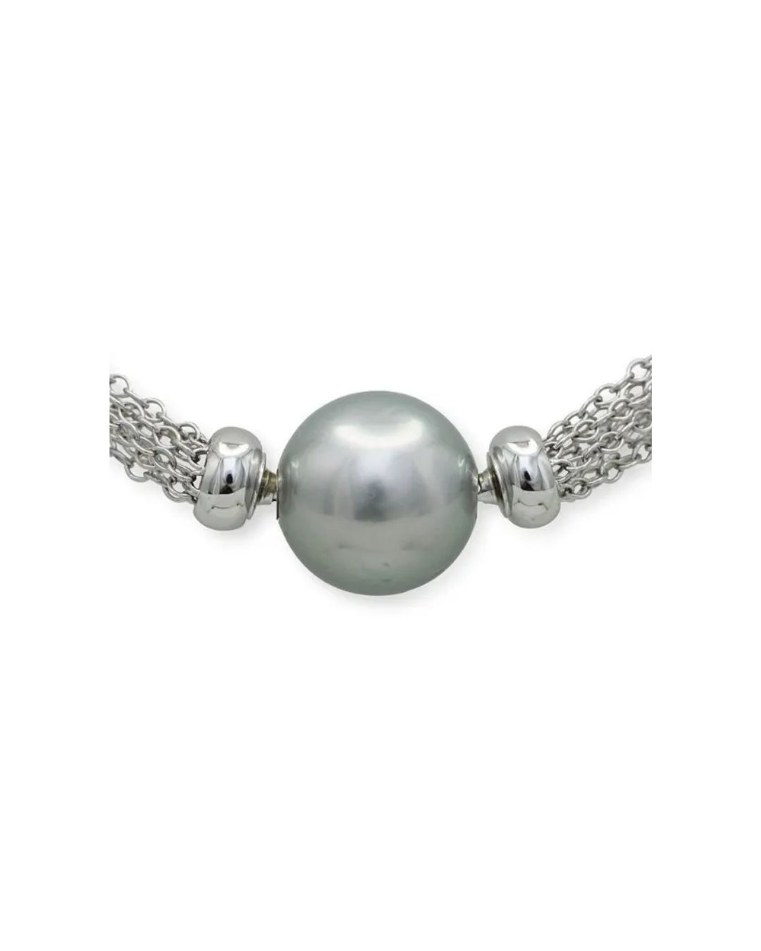 A metallic-gray pearl bead centered between two silver spacers on a multi-strand silver chain necklace.