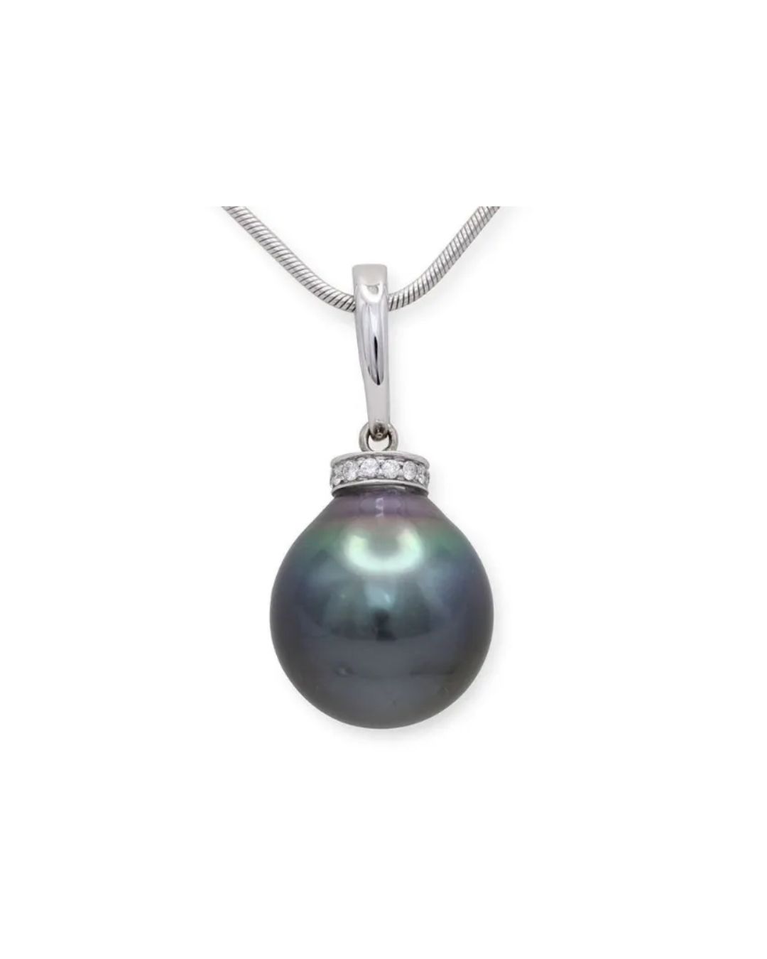 A dark, iridescent Tahitian pearl pendant on a silver chain, accented by a small band of sparkling diamonds.