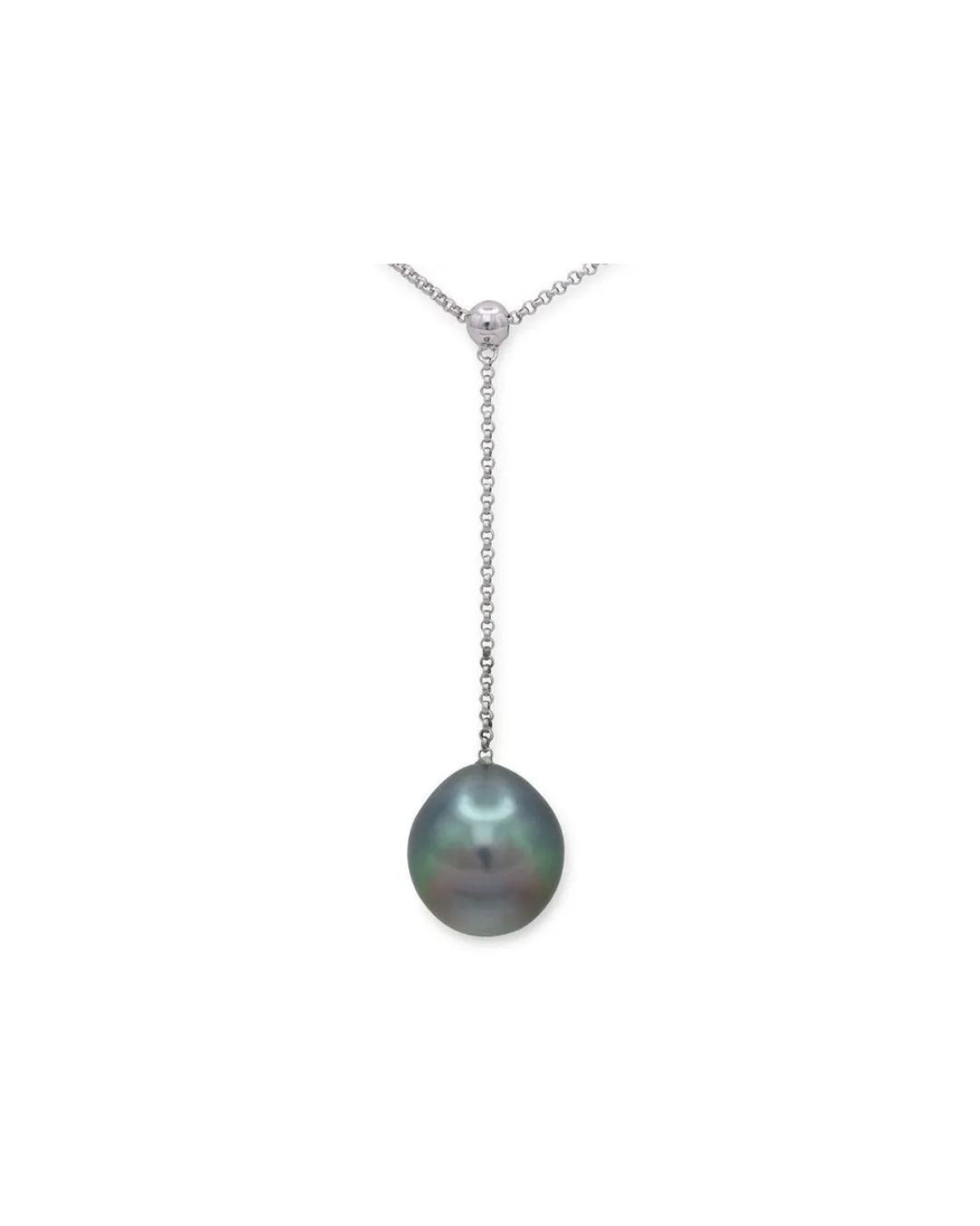 A lariat-style necklace featuring a single dark grey, iridescent pearl suspended from a thin, silver cable chain.