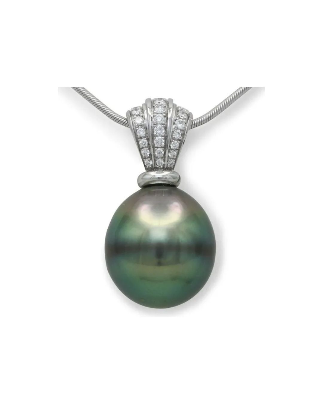 A dark green Tahitian pearl pendant on a silver chain, featuring a decorative bail set with small sparkling diamonds.