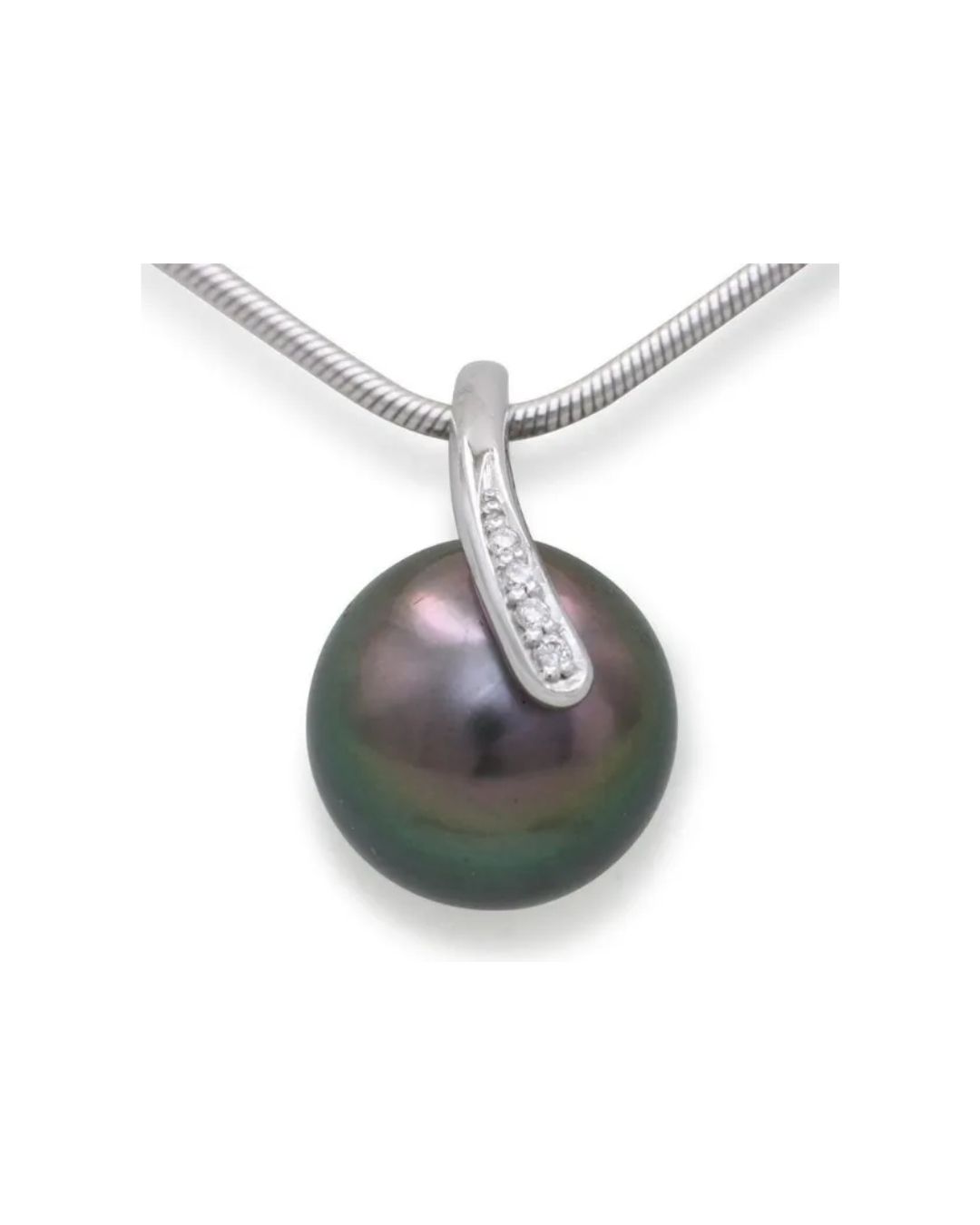 A dark, round pearl pendant accented with small diamonds, suspended from a silver chain on a white background.
