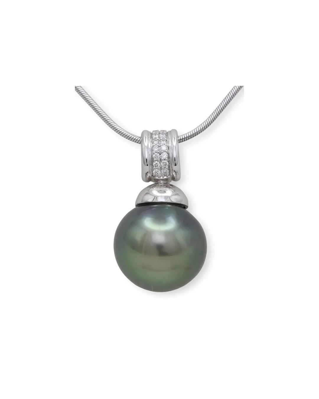 A dark green, spherical pearl pendant set in a silver-toned cap with a row of small crystals, hanging on a metal chain.