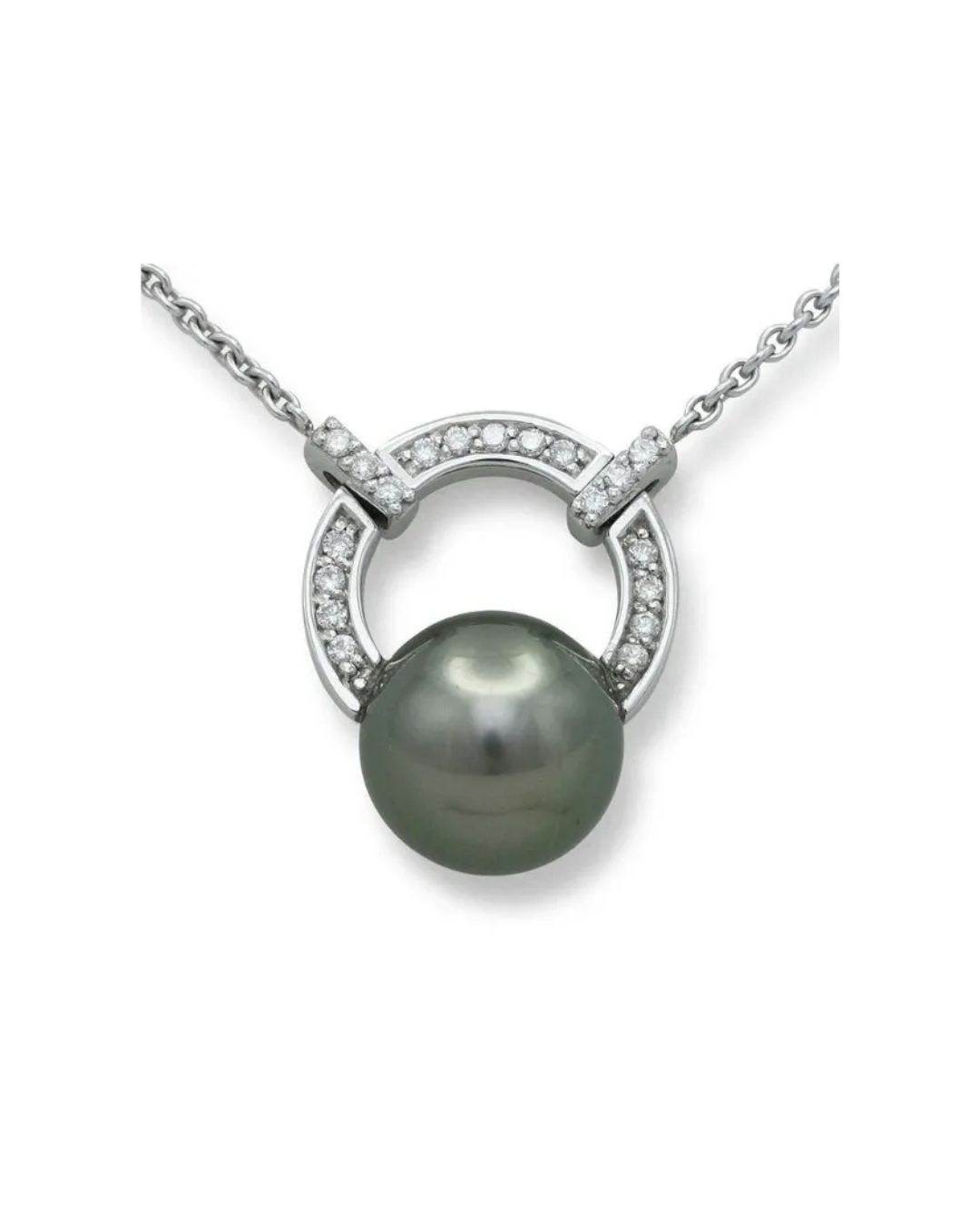 A silver pendant featuring a large, dark gray pearl suspended within a diamond-accented circular frame on a chain.