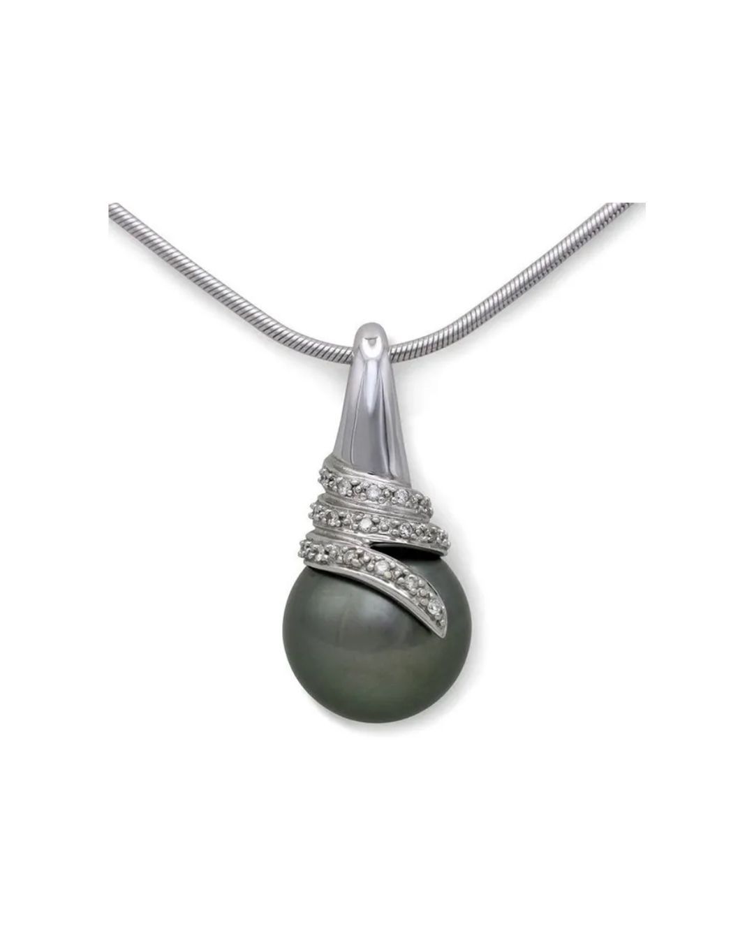 A silver pendant featuring a dark gray pearl accented by a swirling, diamond-encrusted design on a silver chain.