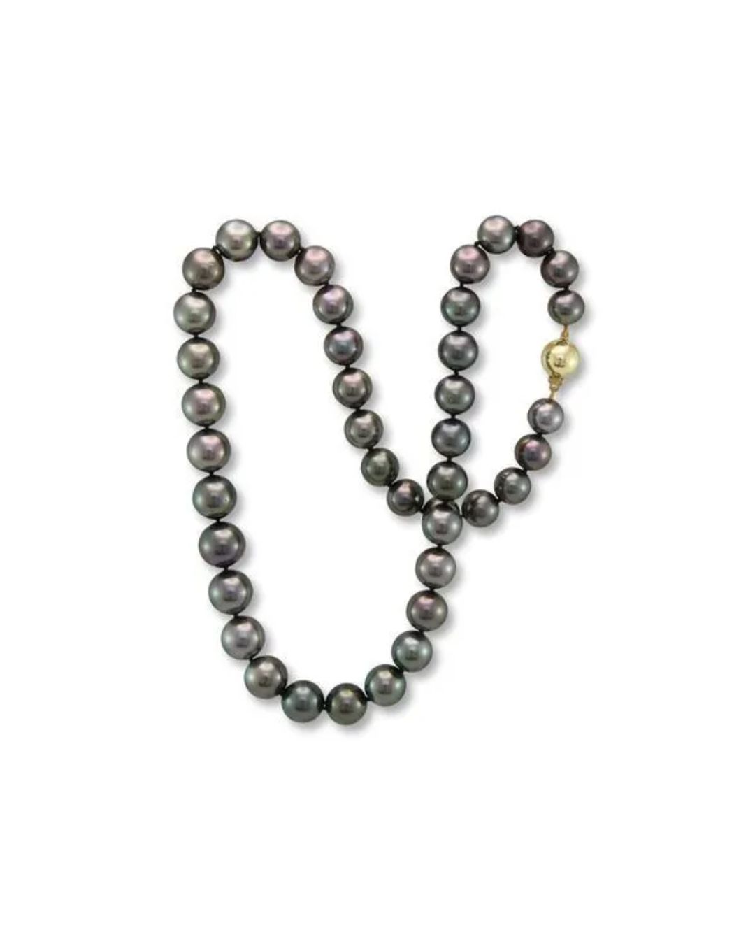 A necklace of dark, lustrous pearls with a round gold clasp, arranged in a looped shape against a white background.