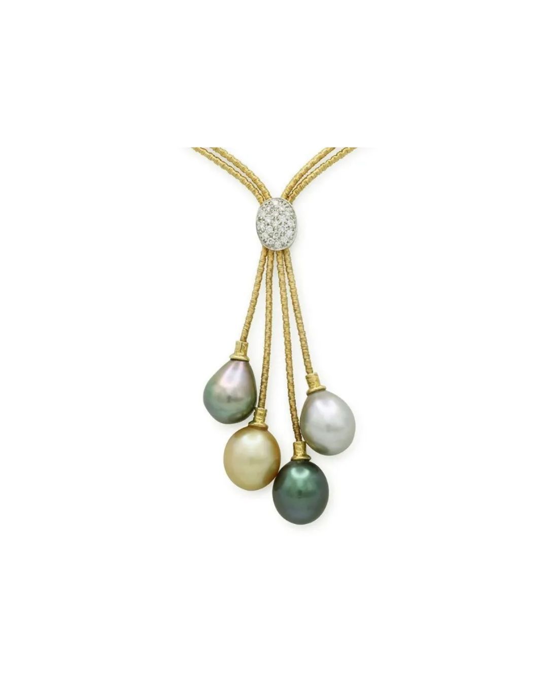 A gold necklace featuring a diamond-encrusted oval clasp suspending four colorful teardrop-shaped pearls.