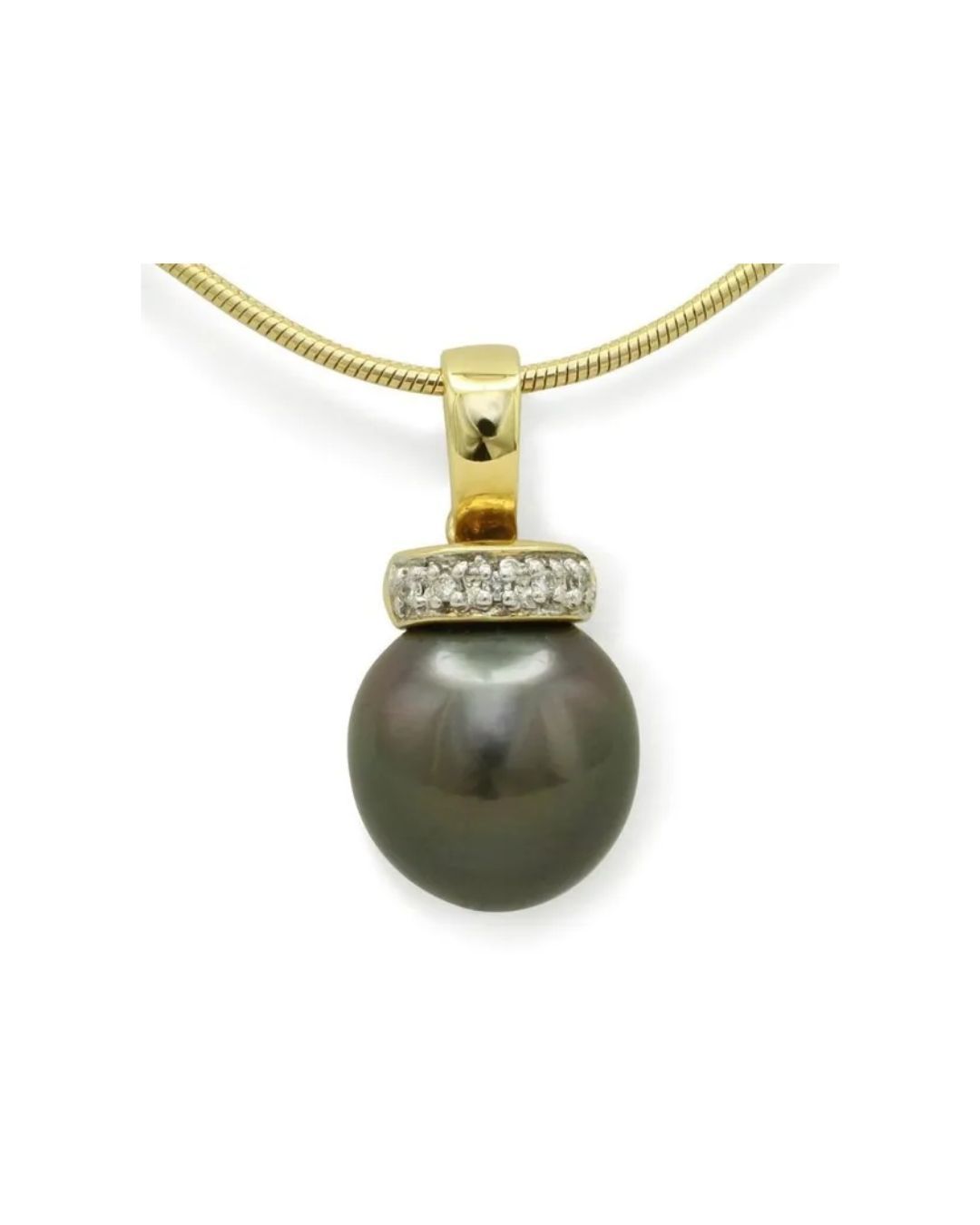 A round, dark grey pearl pendant on a gold bail accented with a horizontal row of small, sparkling diamonds.