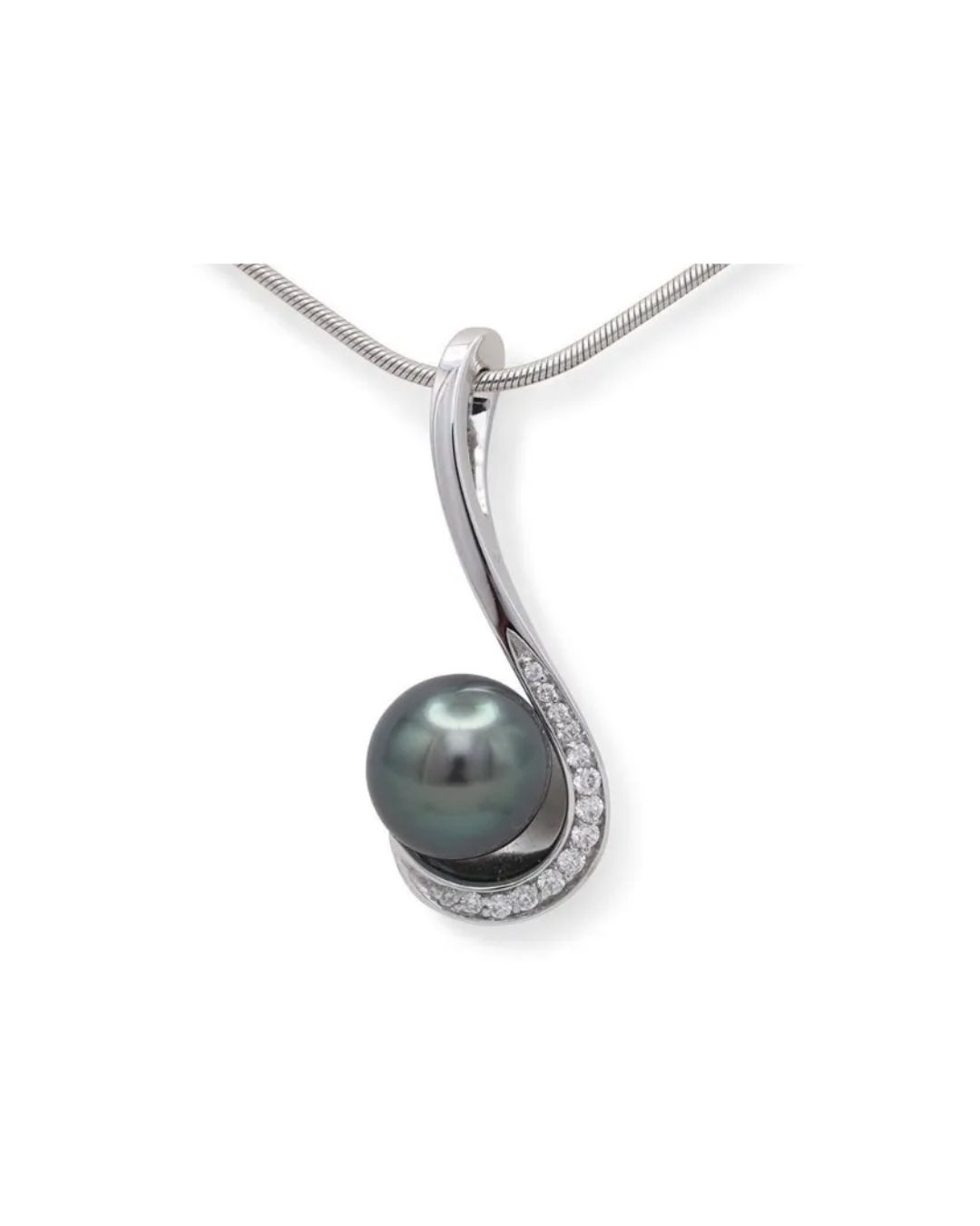 A dark, lustrous pearl pendant in a swirling silver setting accented with small diamonds, suspended on a silver chain.