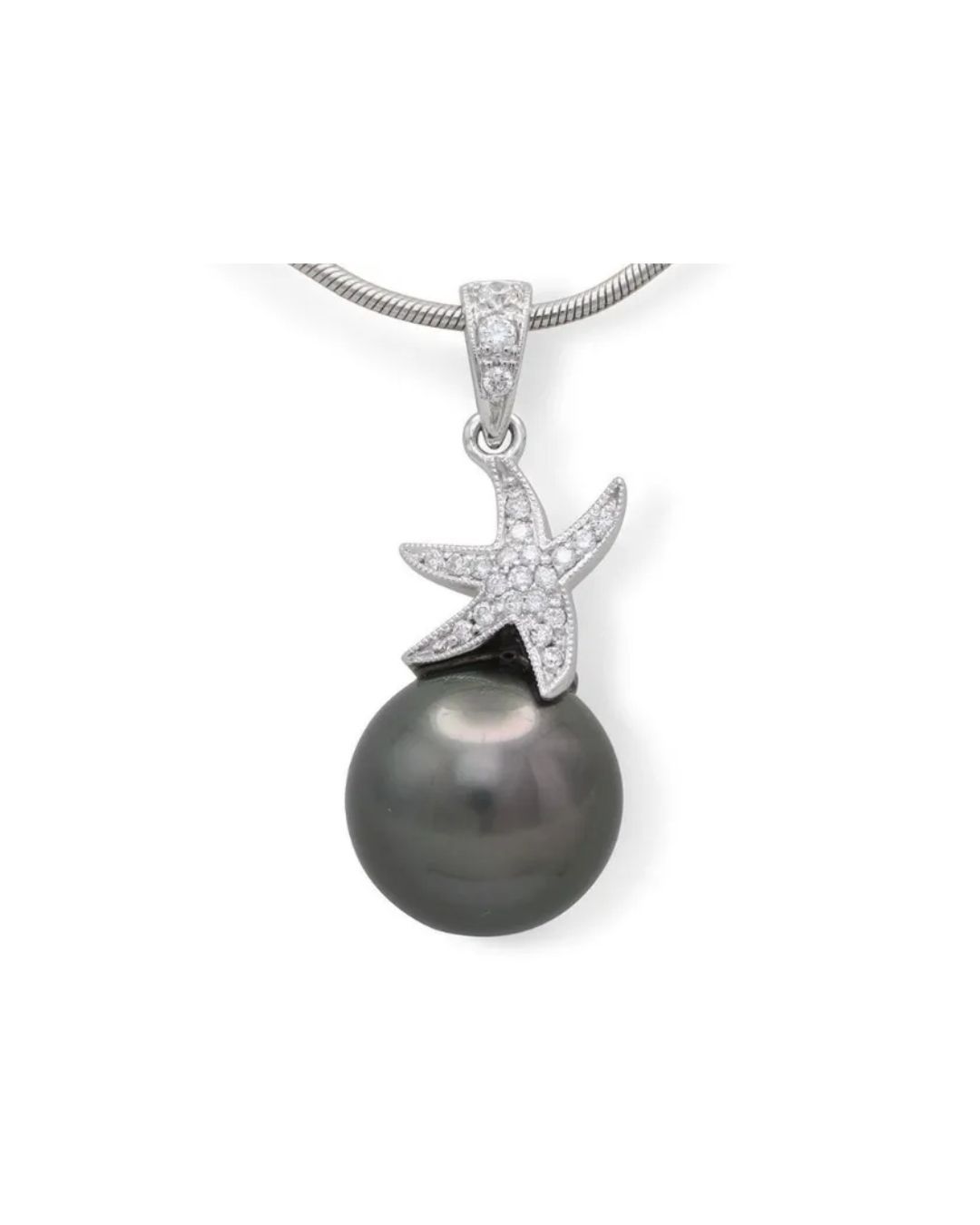 A silver starfish pendant embellished with small white stones, featuring a large, dark grey pearl, hanging on a chain.