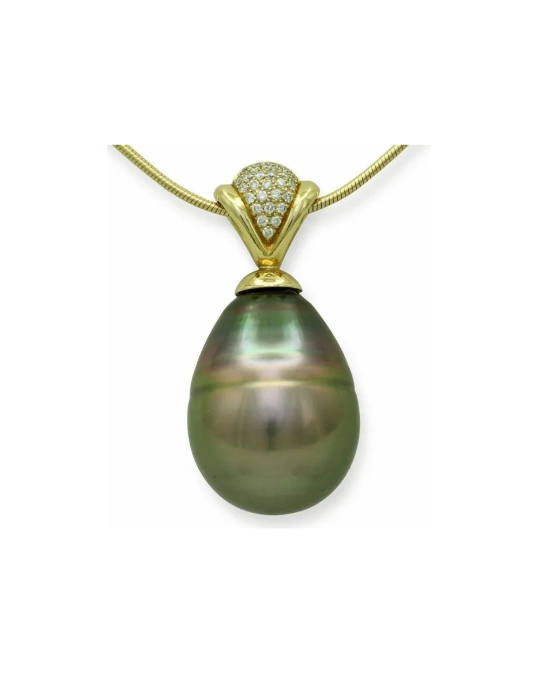 A dark, teardrop-shaped Tahitian pearl pendant on a gold chain, featuring a gold bale accented with small diamonds.