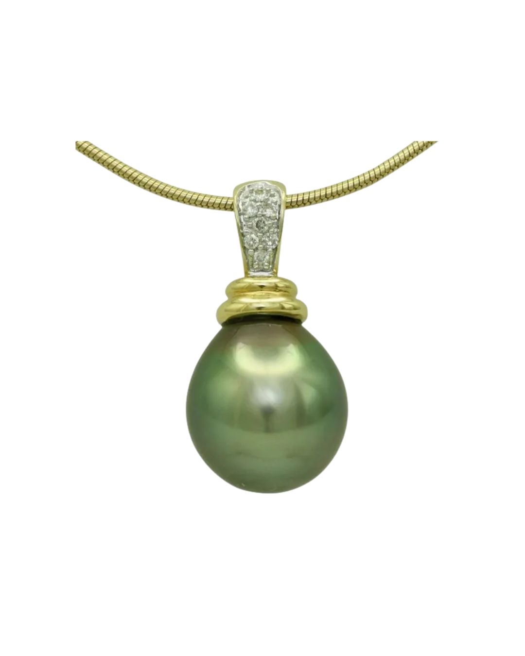 A teardrop-shaped green pearl pendant hanging from a gold chain, featuring a diamond-encrusted gold bail.