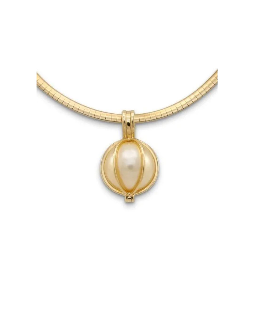 A gold cage pendant holding a white, teardrop-shaped pearl, suspended from a gold omega necklace.