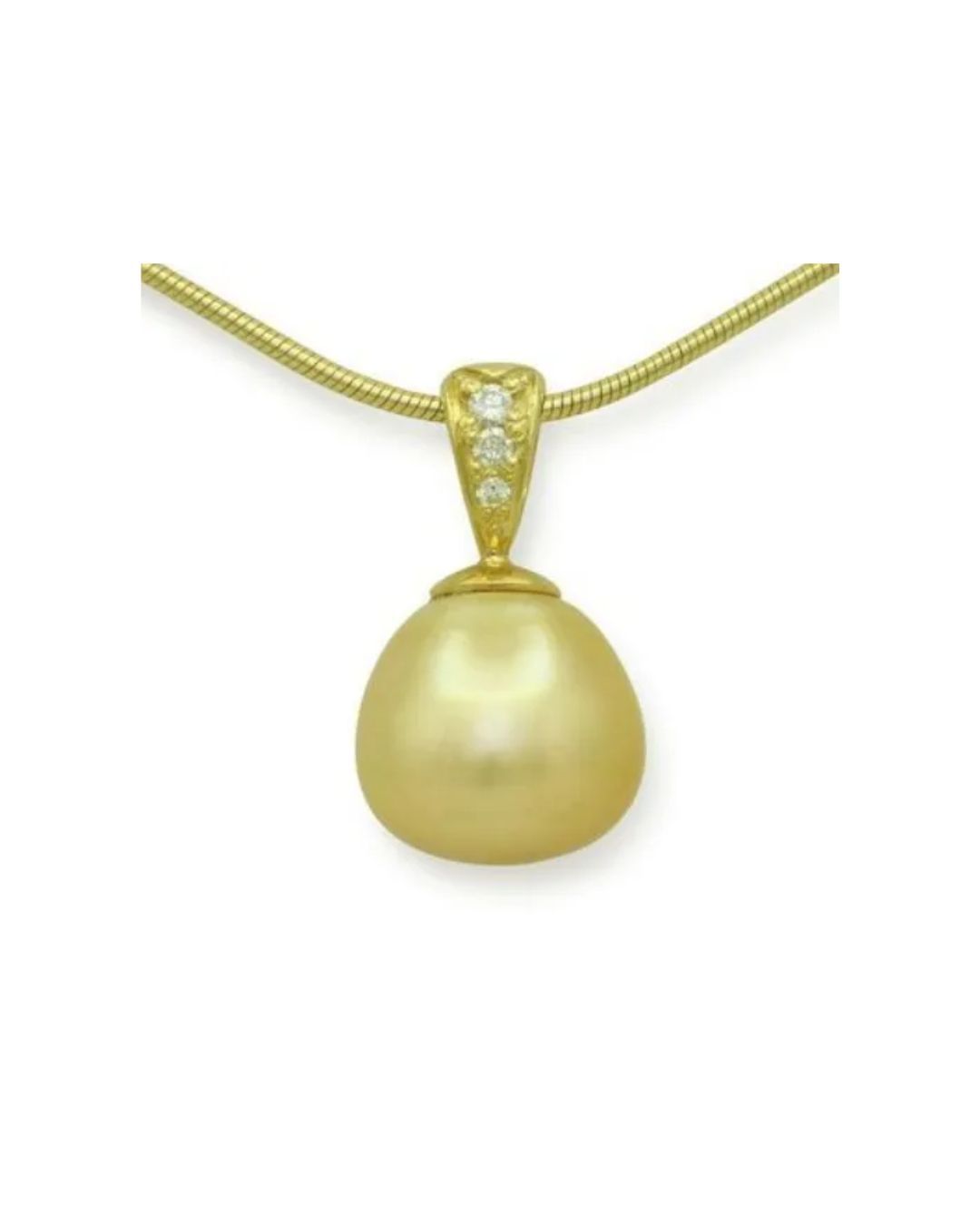A golden pearl pendant hanging from a gold chain, featuring a tapered bail decorated with three small diamonds.