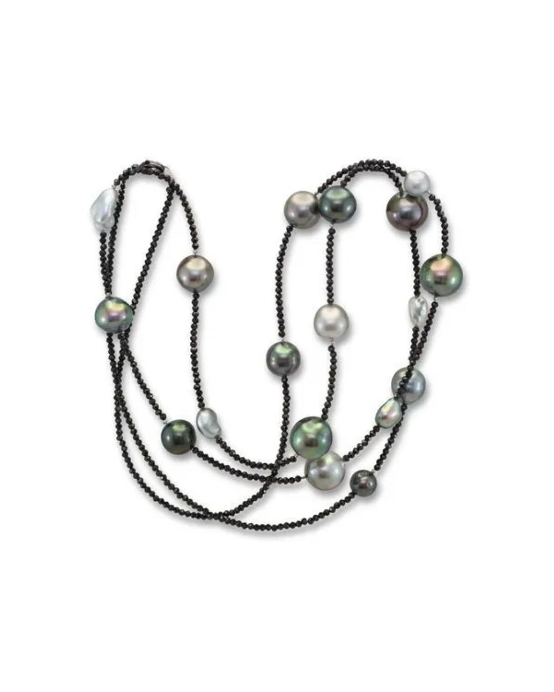 A multi-strand beaded necklace featuring dark gemstone accents interspersed with various round and baroque-shaped pearls.