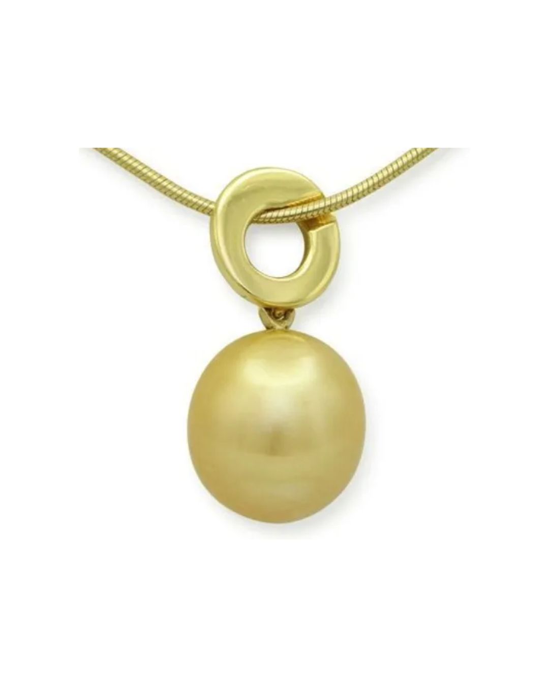 A smooth, golden pearl pendant hanging from a gold circular bail on a matching fine chain necklace.