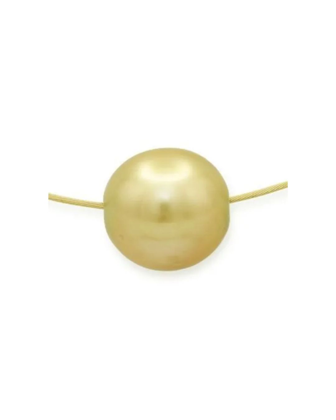 A large, round, lustrous golden pearl pendant centered on a thin, delicate gold chain.