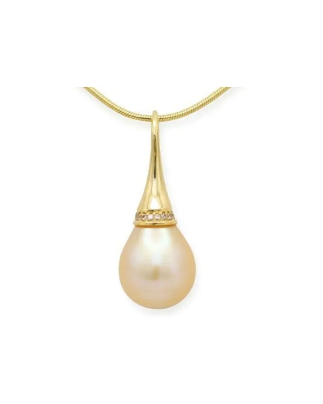 A gold pendant necklace with a teardrop-shaped pearl and a small band of inset diamonds, suspended on a chain.