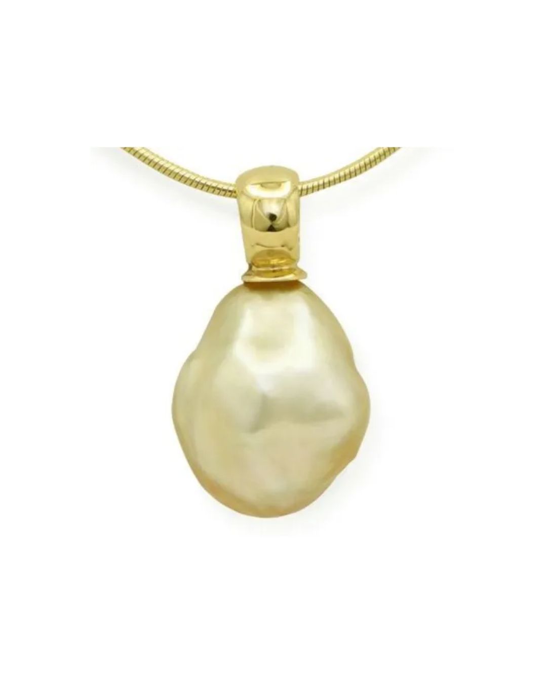 A baroque-shaped golden pearl pendant on a gold snake chain necklace against a white background.