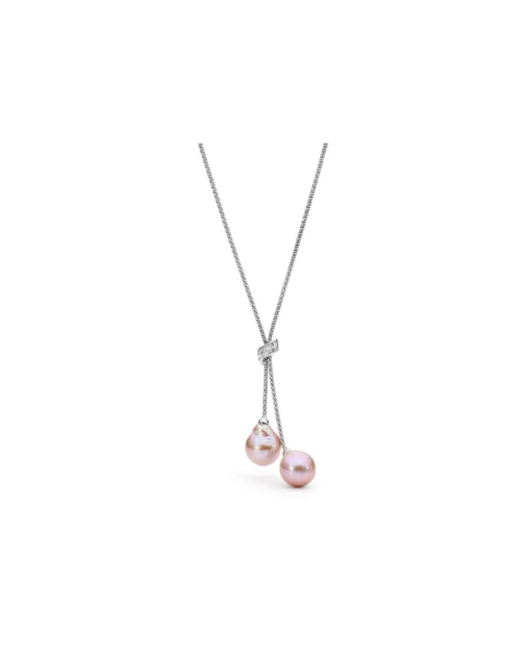 A silver lariat-style necklace with a diamond-accented knot and two dangling pink, teardrop-shaped pearls.