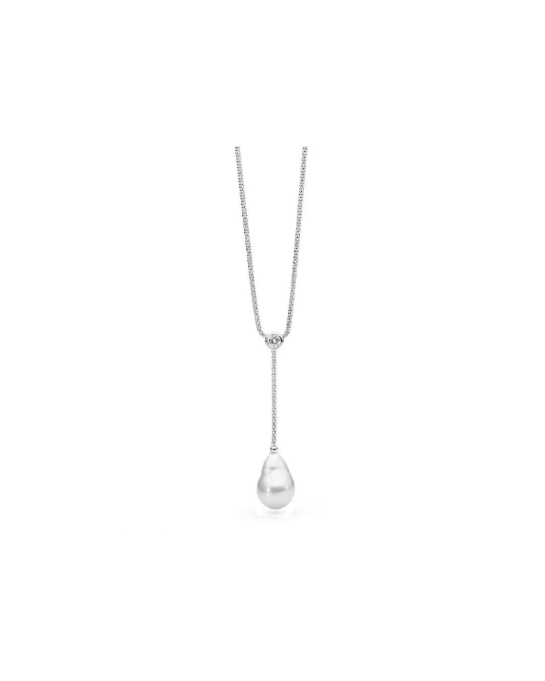 A silver lariat-style necklace with a textured chain, a small round diamond accent, and a large teardrop-shaped pearl.