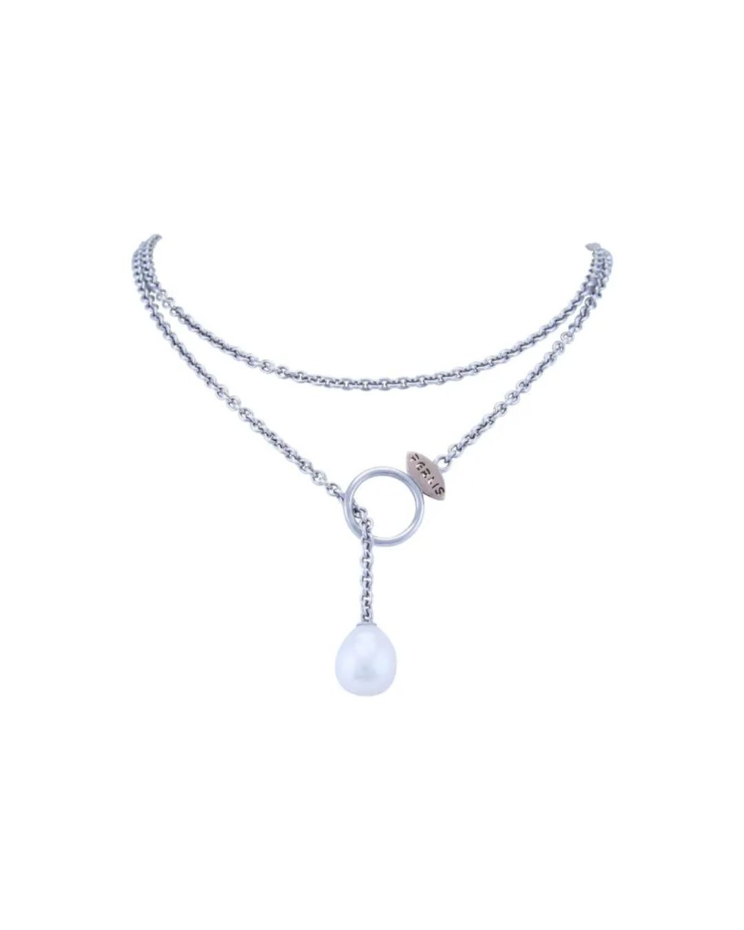 A silver double-strand chain necklace featuring a circular clasp, a small engraved metal charm, and a drop pearl pendant.