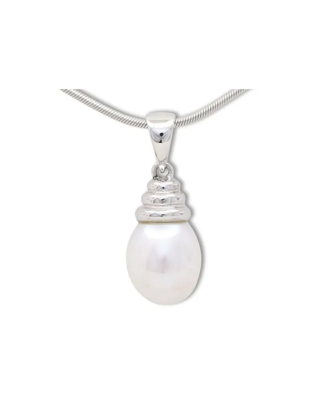 A teardrop-shaped white pearl pendant suspended from a silver chain on a white background.