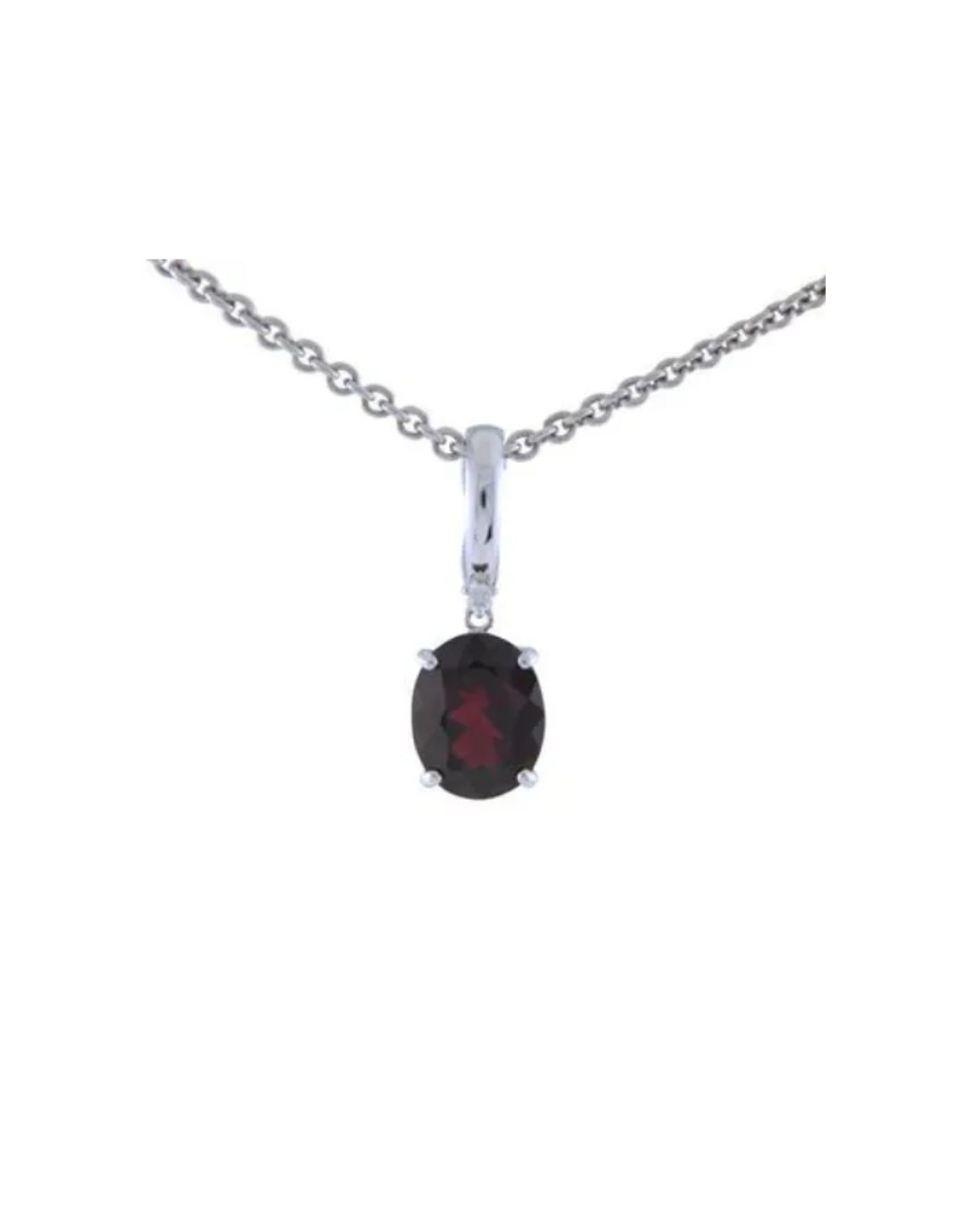 A silver chain necklace with a dark red, oval-cut gemstone pendant in a four-prong setting against a white background.