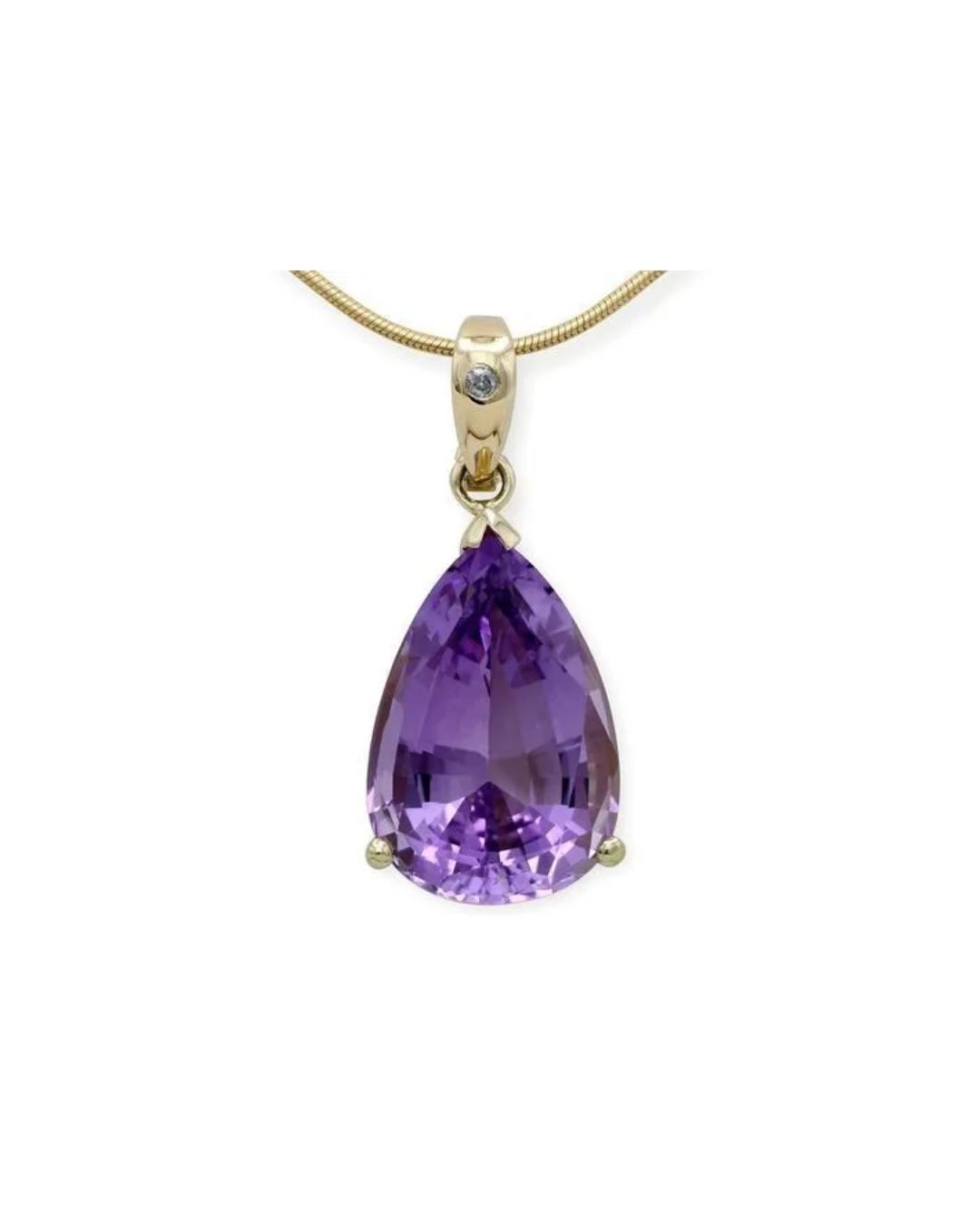 A pear-shaped purple amethyst pendant with a small diamond set in the gold bail, hanging from a thin gold chain.