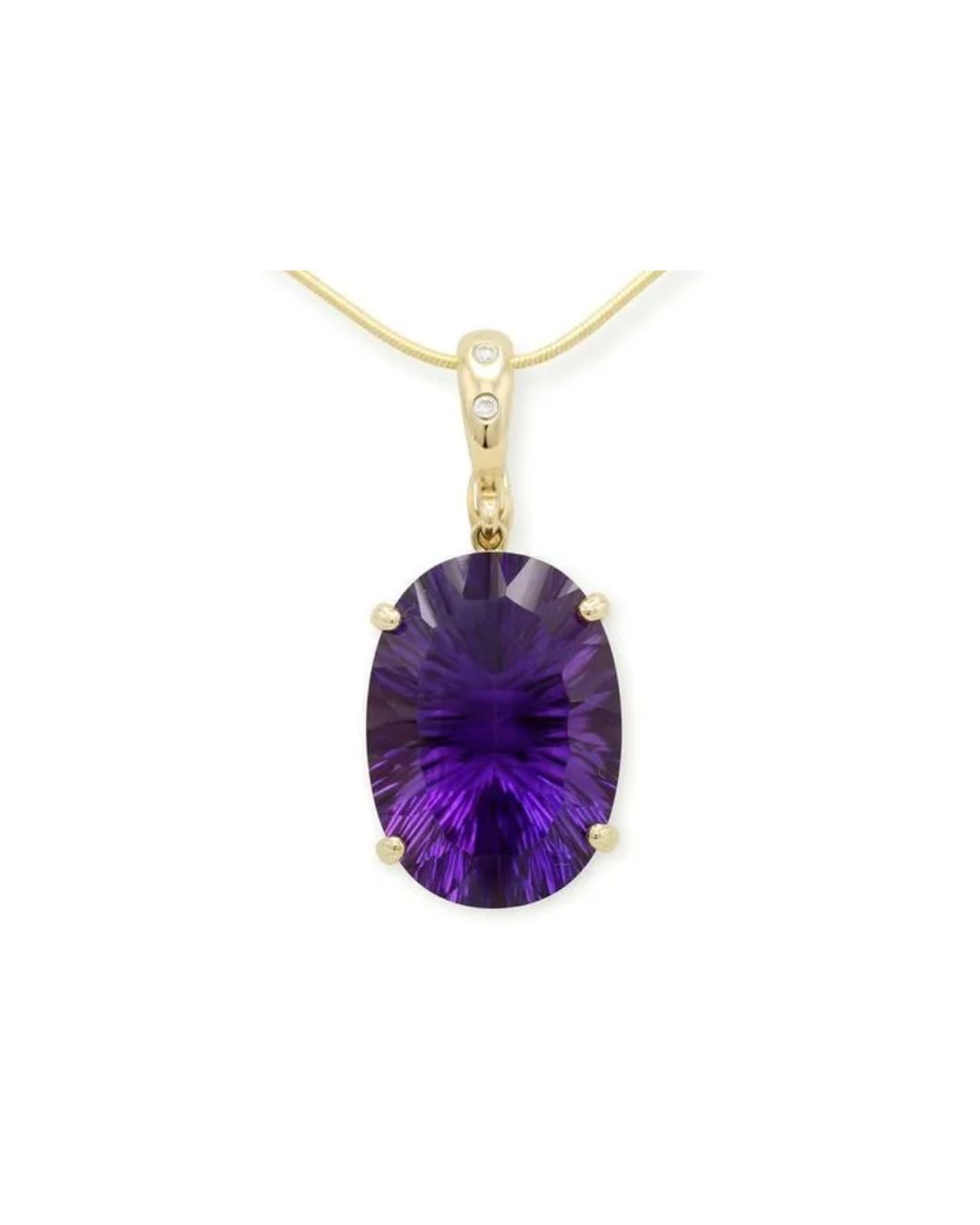 A gold pendant featuring a large, oval-cut, deep purple amethyst held by four prongs on a gold chain.