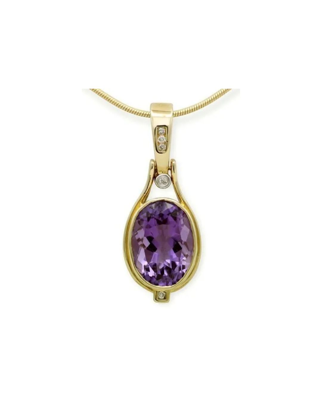 A gold pendant featuring a large oval amethyst gemstone accented with small white diamonds on a delicate chain.